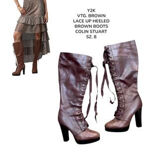 Y2K VTG. LACE UP BROWN PLATFORM HEELED BOOTS COLIN STUART SZ. 8.